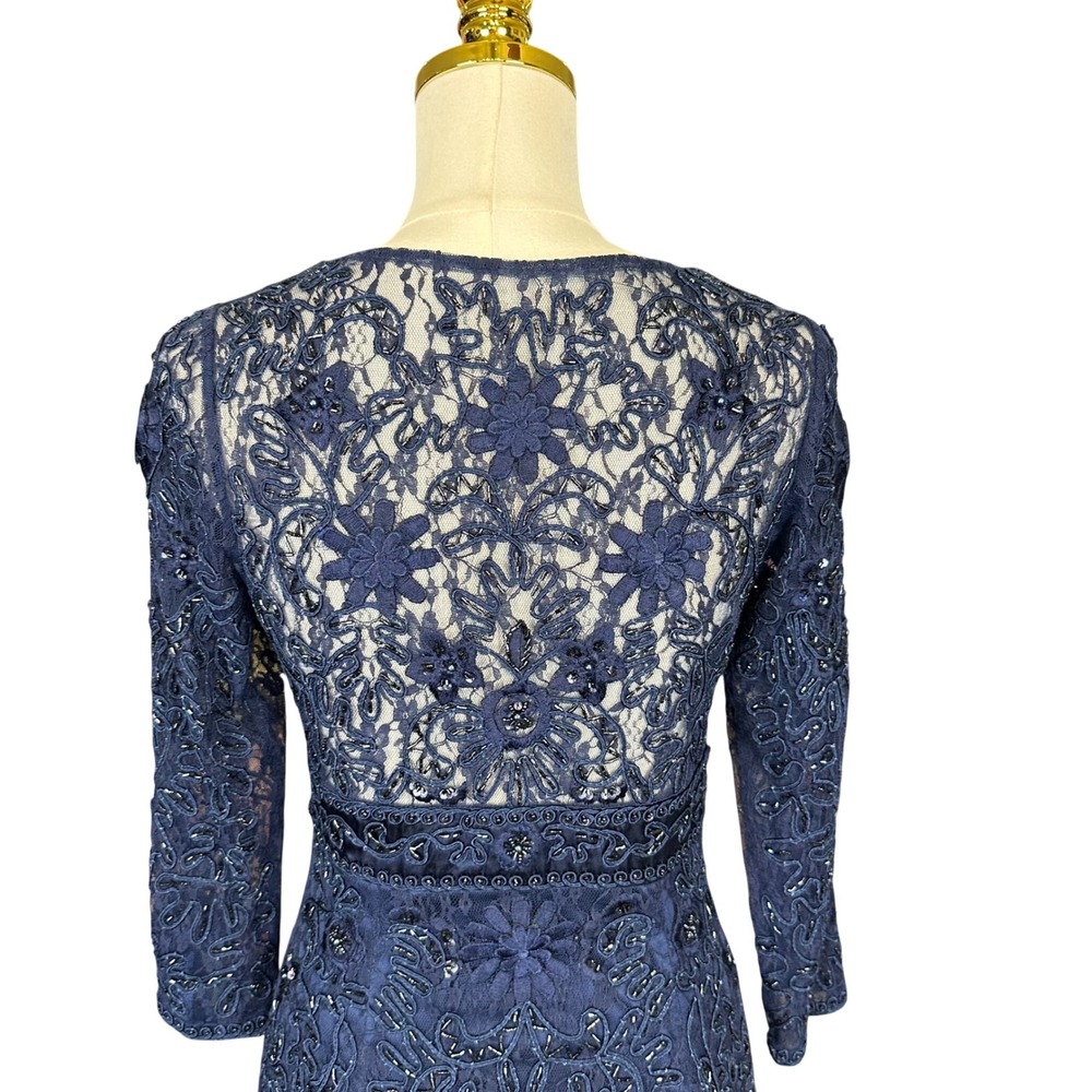 Sue Wong Navy Blue Beaded Lace Cocktail Dress V-Neck 3/4 Sleeve Formal Gown - Picture 12 of 16